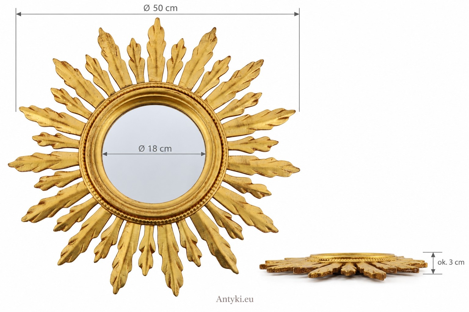 wymiary lustra: średnica 50 cm, tafla 18 cm i głębokość około 3 cm